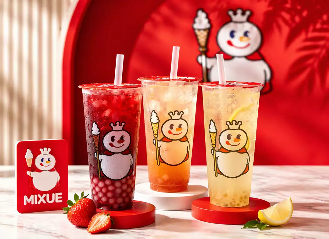 Três bebidas da Mixue em uma composição com copos, frutas e a identidade vermelha da marca.
